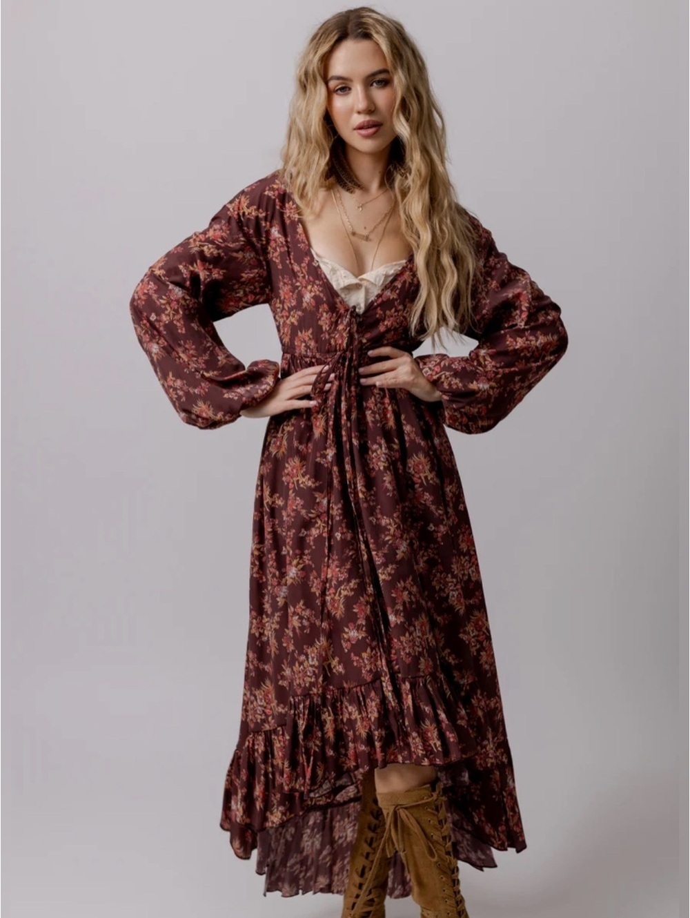 Medium Joyfolie Burgundy Floral High-Low Maxi Dress